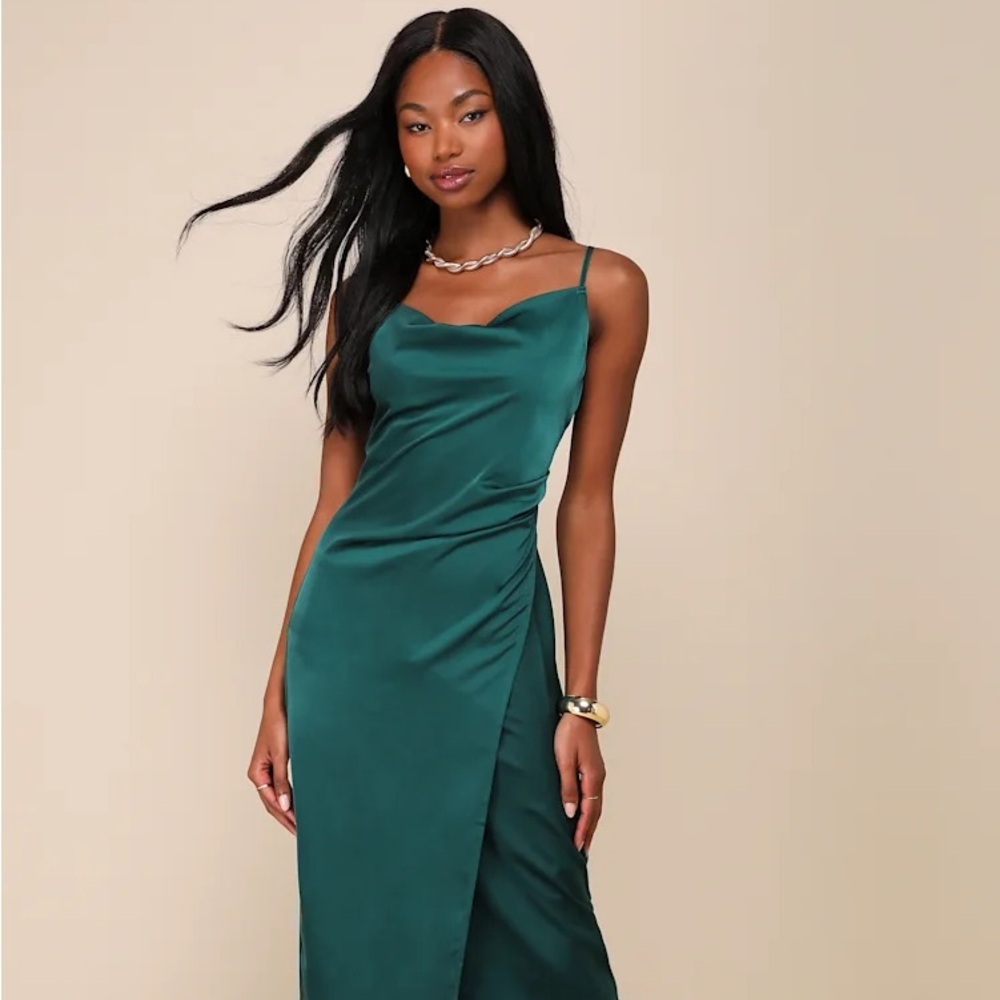 Green Satin Cowl Neck Dress